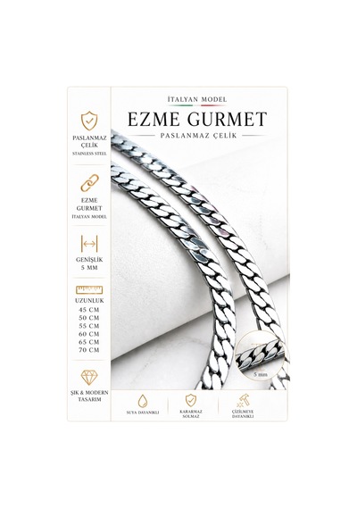 Gümüş Kaplama 316 L Paslanmaz Çelik Kz-102 Ezme Gurmet Sık Örme İtalyan Model Zincir Kolye 5 Mm Gümüş