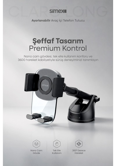 Simex Ultra Stabil Vakumlu Araç İçi Telefon Tutucu 360° Dönebilen Ayarlanabilir Vantuzlu Araba Standlı