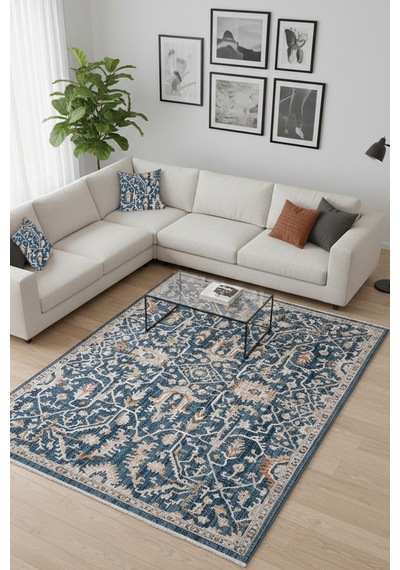 Lacivert Vintage Esintili Makine Halısı - Salon Ve Oturma Halısı Mavi