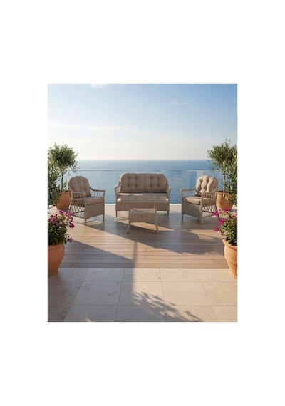 Dora Garden Home Inci 2+1+1 Rattan Bahçe Takımı Masalı Açık Gri Siyahçizgili