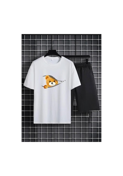 Medinenur Fermuar Ayıcık Desen Baskılı T-shirt Short Bol Paça Rahat Kalıp Siyah Alt Siyah Üst Short Takım Beyaz