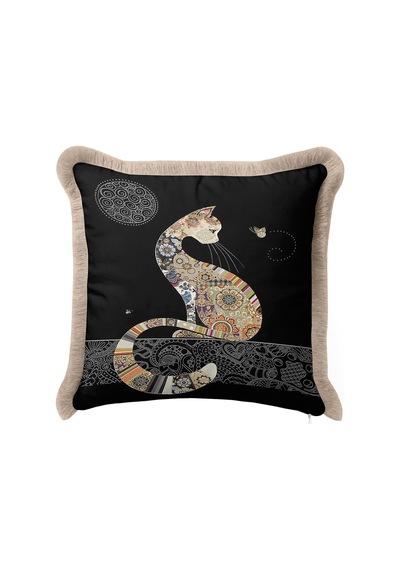 Barok Patchwork Kedi Saçaklı Yastık Kılıfı - Siyah Zarif Bohem Altın Renkli Püsküllü Kırlent Kılıfı Yosunlu Koyu Bej Barok Patchwork Kedi Saçaklı Yastık Kılıfı - Siyah Zarif Bohem Altın Renkli Püsküllü Kırlent Kılıfı Yosunlu Koyu Bej