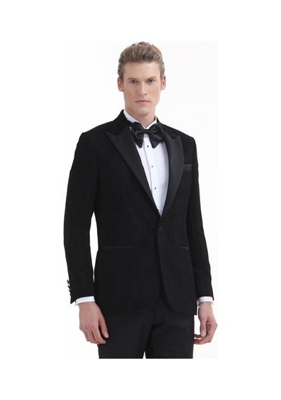 Ramsey Siyah Desenli Thin&taller Slim Fit Kruvaze Yaka Dokuma Smokin Takım Elbise
