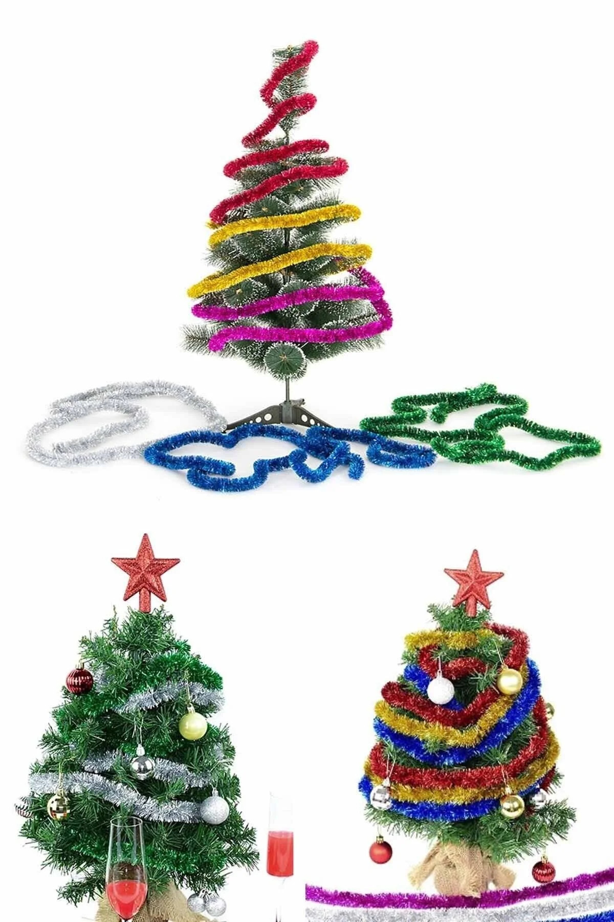 6lı Yılbaşı Çam Ağacı Süsü Gümüş, Kırmızı, Fuşya, Beyaz, Mavi, Yeşil Ağaç Tinsel Garland 2mtx5cm Sim 0