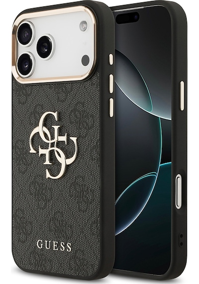 Apple Uyumlu iPhone 17 Pro Max Kılıf Guess Lisanslı Gold Metal Kamera Çerçeveli Metal Büyük 4g Yazı Logolu Siyah