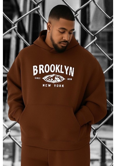 Benroma 3 İplik Penye Brooklyn Baskılı Büyük Beden Sweatshırt Kahverengi