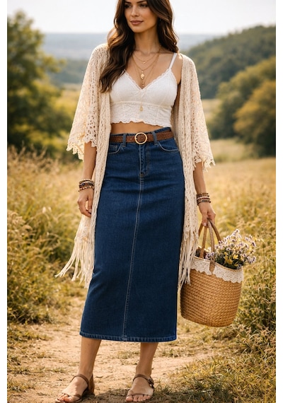Dema Kadın Koyu Mavi Pamuklu Denim Etek Koyu Mavi