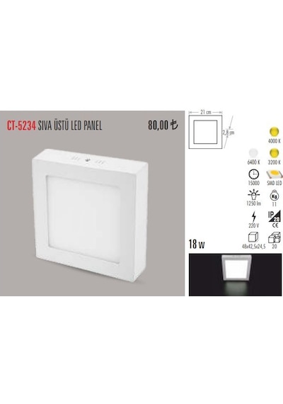 Cata Ct-5234 18 Watt Sıva Üstü Kare Led Armatür Beyaz Işık N11.419