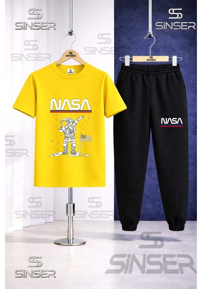 Ss Sinser Çocuk Astronot Beyz Ust Nasa Yazı Baskılı Tişort Eşofman Takımı Sarı - Siyah