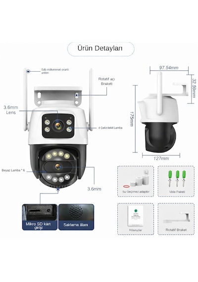 Çift Lensli 360 Ptz Wifi Güvenlik Kamerası Ip66 Su Geçirmez, Çift Yönlü Sesli, Gece Görüşlü, Duvar & Tavan Montajlı Smart Kamera