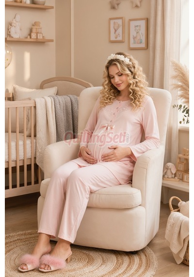 Lady Bebe Pembe Renkli, Dantel Detaylı 33209 Uzun Kol, 2 Parça Lohusa Hamile Pijama Takımı Açık Pembe