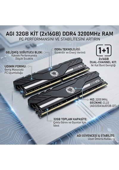 Agı 32gb Kit 2x16gb Ddr4 3200mhz Udımm Cl22 Soğutuculu Masaüstü Pc Ram