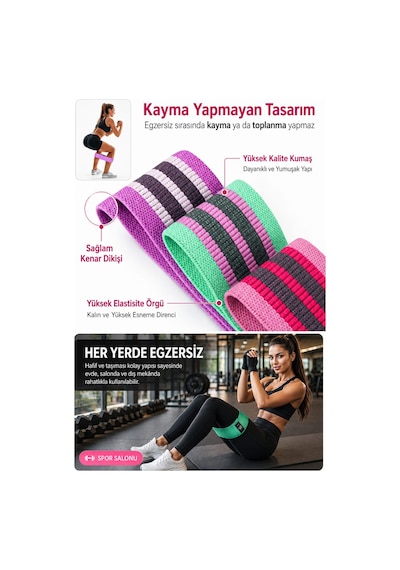 Deconitte 3 Lü Kumaş Direnç Lastiği Seti Kaymaz Pilates Fitness Kalça Bacak Egzersiz Squat Ve Loop Bandı Taşıma Çantalı Çok Renkli