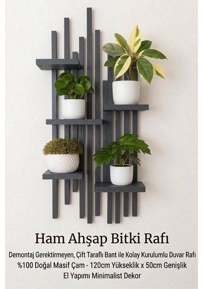 Woodstore Premium Masif Ahşap Duvar Rafı - 120x50 Cm Delmesiz Kurulum Bitkilik Gri