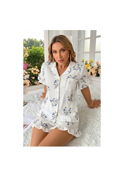 Bella Notte Mavi Çiçek Baskılı Fırfırlı Pijama Takımı