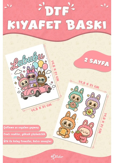 Kumaşa Baskı Yapılabilen Özel Tasarım Ütü Ile Yapışan Tekstil Dtf Baskı Görseli Labubu Temalı Çok Renkli