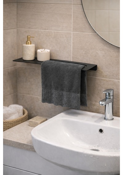 Raflı Siyah Metal Havluluk Modern Banyo Havlu Askısı Siyah