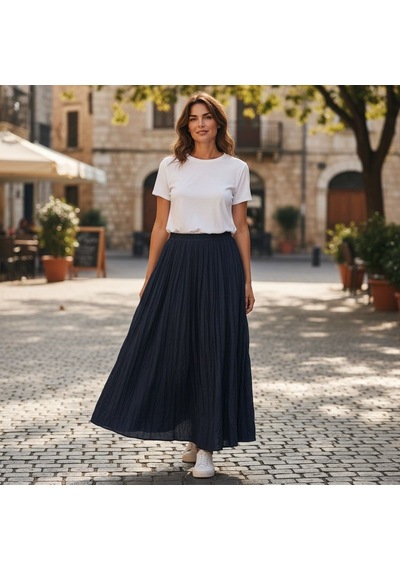 Eren Style İtalyan Beli Lastikli Ütülenmeyen Kırışık Etek Lacivert