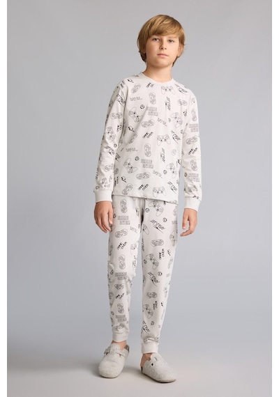 Defacto Regular Fit Uzun Kollu Üst Lastikli Paça Alt Baskılı 2li Pijama Takımı Erkek Çocuk I1445a826augr503 Gri-gr503