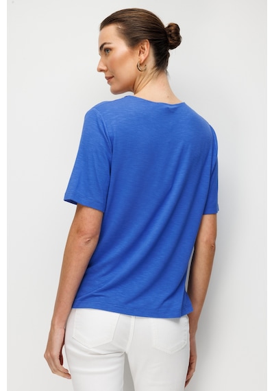 Kadın V Yaka Yakası İki Renkli İşlemeli Taşlı Penye T-shirt Saks Saks