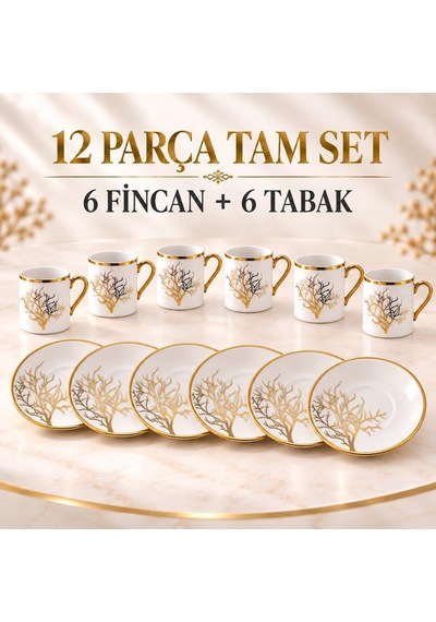 Valkyrie 12 Parça 6 Kişilik 80 Ml Türk Kahvesi Fincan Takımı Gold Detaylı Ağaç Desenli K654-a
