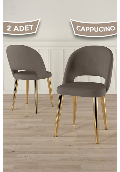 Canisa Pane Serisi 2 Adet Cappucino Mutfak Sandalyesi Babyface Kumaş Gold Kaplama Ayak Cappucino Sandalye Ayaklar Gold