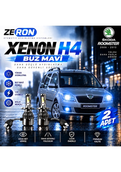 Skoda Roomster Xenon H4 Buz Mavi Led Far Ampulü 12v - 2 Adet Yüksek Aydınlatma Kolay Montaj