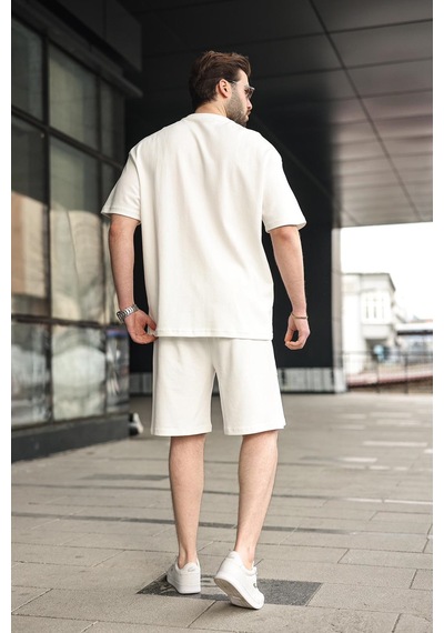 Madmext Ekru Bisiklet Yaka Oversize Erkek Şort T-shirt Takım E7355 Ekru