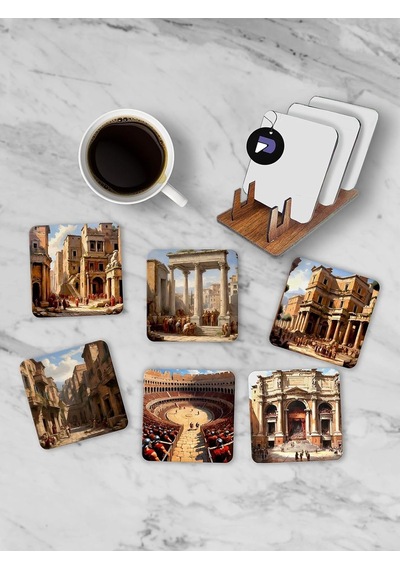 Antik Roma Standlı Ahşap Bardak Altlığı Seti 6 Adet Baskılı Bardak Fincan Kahve Altlığı Genel