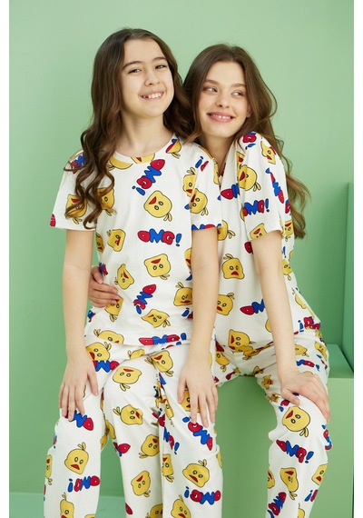Siyah İnci Pamuklu Bisiklet Yaka Örme Pijama Takım25107157 Ekru