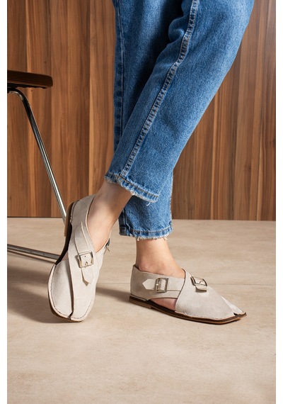 Duxal Shoes Cooper İçi Hakiki Deri Süet Kadın Sandalet Tokalı Günlük Rahat Ayakkabı - Babet Bej