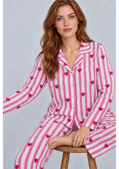 Womanandkids Night Pembe Kadın Uzun Kollu Gömlek Yaka Çizgili Kalpli Pijama Takımı 4770