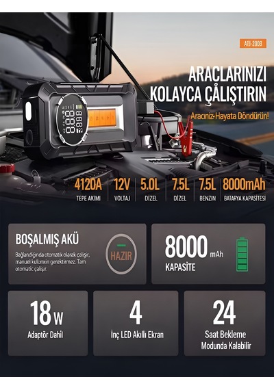 8000mah 1000a Akü Takviyeli Kompresör 150 Psı Çift Dijital Ekran Led Fenerli Hava Pompası Siyah - Abs+