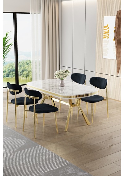 Canisa Olya Serisi 90x168 Lak Panel Beyaz Mermer Desen Masa Takımı Gold Ayaklı 4 Antrasitsandalye Masa Beyaz Mermer Antrasit Sandalye
