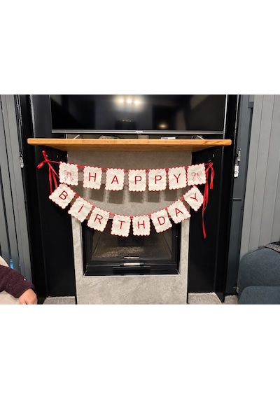 Tly Home Gardenya Keten Kırmızı Nakışlı Happy Birthday Doğum Günü Flaması Fiyonk Detaylı, Her Parça 12 15 Cm "