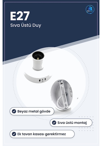 E27 Yüzey Tavan Duy Metal Beyaz Sıva Üstü Montaj Ampul Duyu Banyo
