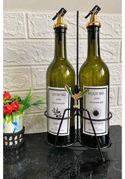 Zeytin Yaprağı Figürlü Vidalı Siyah Stand Yeşil 750 Ml Şişe Akıtı