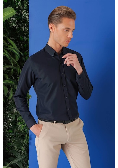 Efor Slim Fit Düğmeli Yaka Pamuklu Klasik Lacivert Gömlek Gk 715 Lacivert