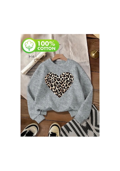 Herkesemoda Leopar Kalp Desen Detaylı Bisiklet Yaka İçi Polarlı Sweatshirt Gri