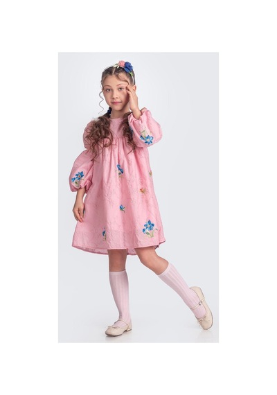 Mnk Baby & Kids Otantik Akdeniz Çiçek Nakışkız Çocuk Müslin Elbise M00706 Pembe