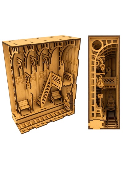 Railway Diorama Book Nook Ahşap Maket Seti Dıy Miniatür Tren İstasyonu Peri Led'li Kitaplık Dekoru
