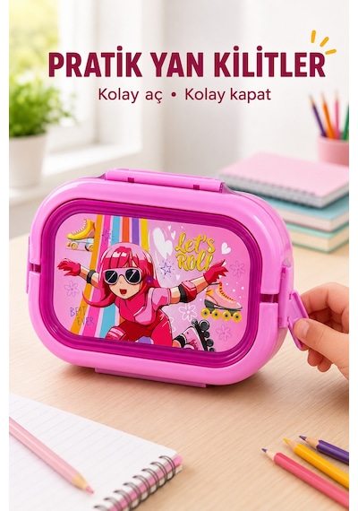 Pembe Patenli Kız Çocuk Beslenme Kutusu 6 Bölmeli Kilitli Saplı Okul Piknik Yemek Saklama Kabı Seti