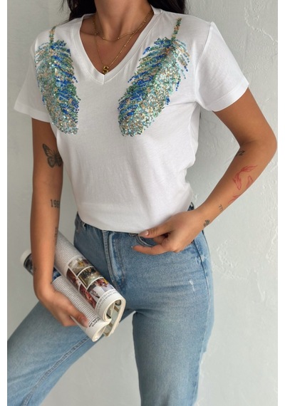 Femelle Kadın Beyaz V Yaka Omzu Yaprak Pul Payet İşlemeli %100 Pamuk T-shirt - Fem8