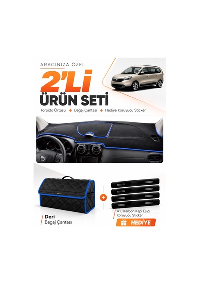 Dacıa Lodgy 2010-2017 Uyumlu Torpido Örtüsü + Deri Bagaj Çantası + Sticker Seti - Siyah Mavi