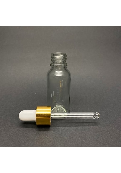 20ml Şeffaf, Cam Şişe, 24 Adet, Cam Damlalıklı, Ecza Şişesi, Propolis Şişesi, Gold Kapak Beyaz Emzik
