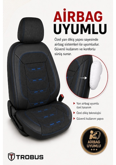 Renault R9 Broadway 1990-2000 Uyumlu Prestige Line Keten Serisi Siyah Mavi Koltuk Kılıfı
