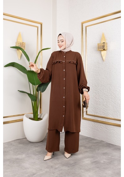 Nevayla Moda Ayrobin Kumaş İnci Detaylı Takım / T112 - Kahverengi Kahverengi