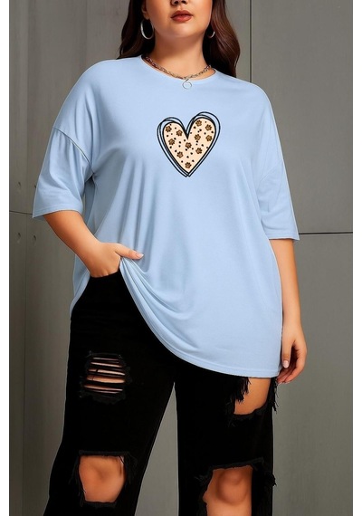 Benroma Büyük Beden Kalpli Pati Baskılı Unisex Tişört Bebe Mavisi