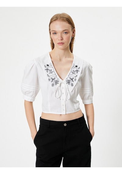 Koton Balon Kol Bluz Bebe Yaka Düğmeli Kısa Kollu Nakışlı Slim Fit Beyaz 4sal60052ıw Beyaz