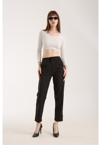 Gugus Kadın Beli Pensli Süet Pantolon Havuç/şalvar Model Siyah